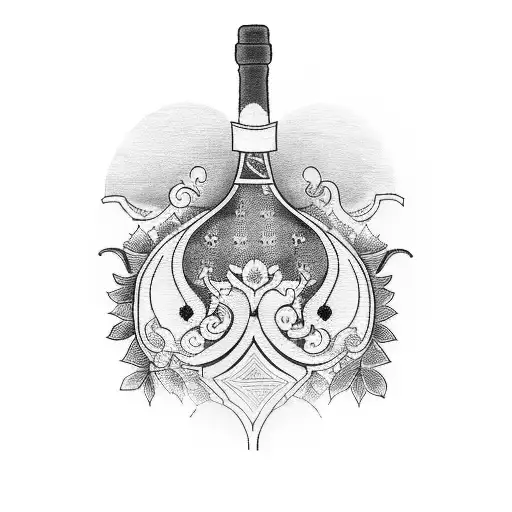 A Traditional Blackwork Tattoo Of A Symmetrical Italian Wine Bottle With A Vineyard Landscape Inside