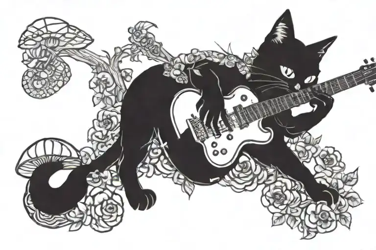 An Anime-inspired Cat Playing A Guitar With Mushrooms Growing Around It