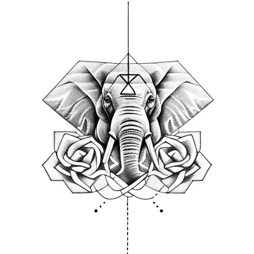 A Geometric Representation Of An Elephant Head Entwined With Roses