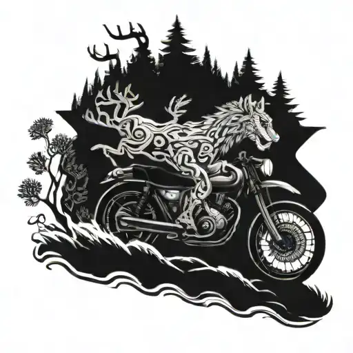 A Motorcycle Racing Through A Forest With A Deer And Lion Running Alongside