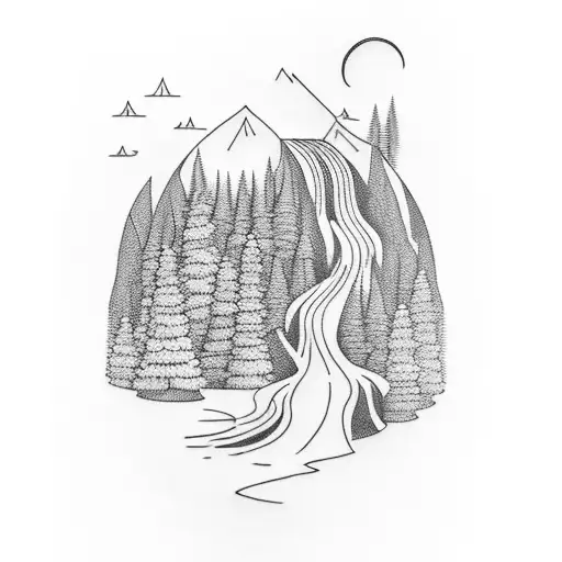 A Minimalist Tattoo Of A Waterfall In A Forest