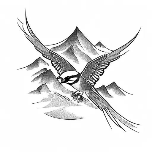 Sparrow Flying Over A Mountain Range