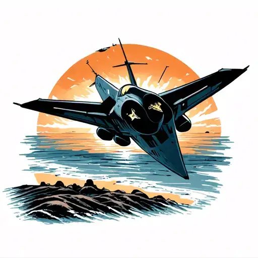 A Sleek And Powerful Military Jet Flying Over A Beach At Sunset