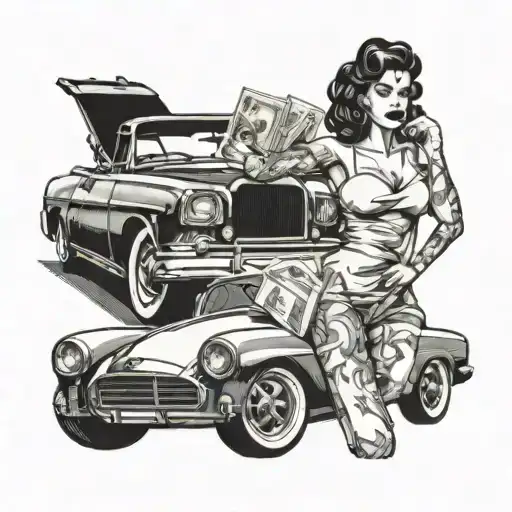 A Pin-up Girl Holding A Stack Of Cash With A Vintage Car In The Background