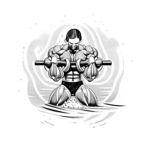 A Bodybuilder Lifting Weights In A Gym Filled With Art Pieces And Surrounded By Water Waves