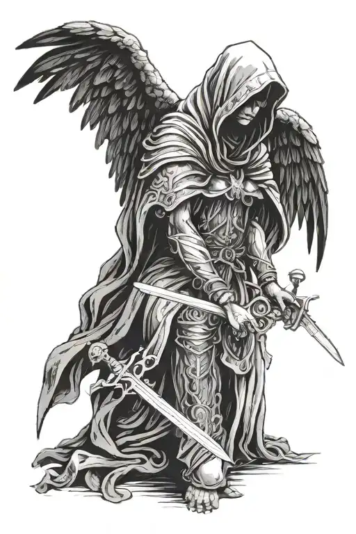 A Fallen Angel With A Hood Whose Face Cannot Be Seen And I Hold A Sword With Both Hands Downwards