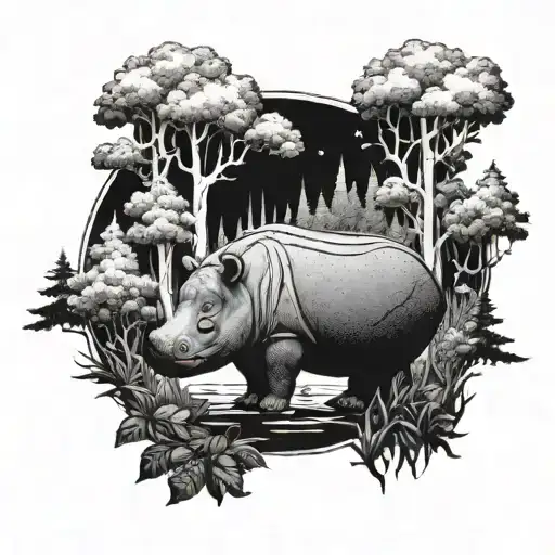 A Magical Forest Scene With A Hidden Hippo Among The Trees