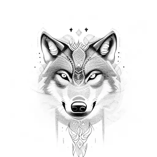 A Mystical Blackwork Tattoo Of A Wolf Merging With The Natural Elements