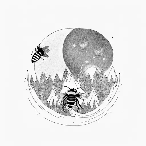 A Wolf And A Bee Intertwined In A Dance Under A Glowing Moon In A Mystical Forest