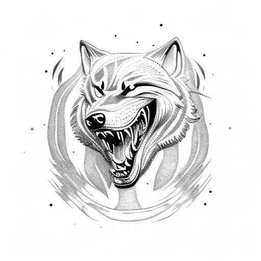 Giant Wolf Head Biting A Man In Hald