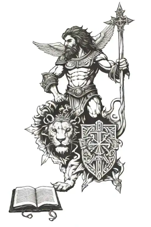 A Lion And A Spartan Armor And Jesus With Crosses And A Bible Verse