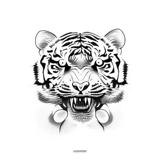 A Baby Tiger Inside The Mouth Of A Tiger With Blue Eyes