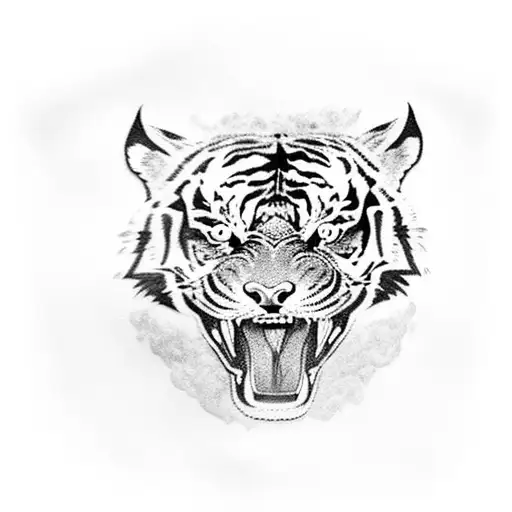 A Pet Tiger Inside The Mouth Of A Tiger With Blue Eyes