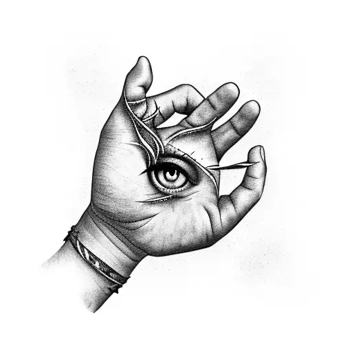 On The Palm Of The Hand An Eye In The Middle Surrounded By Barbed Wire And Flanked By Arched Snake