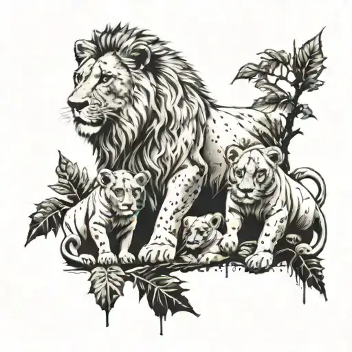 A Mother Lion Protecting Her Cubs In A Rainy Forest