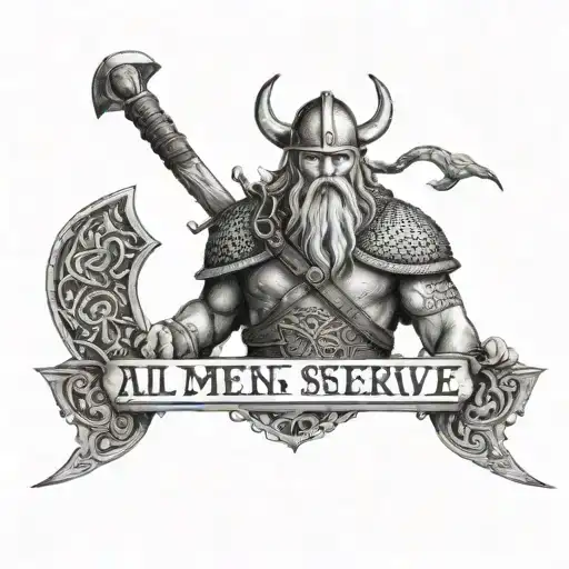 Detailed Viking Warrior With The Words 'All Men Must Serve' In Old Norse Runes