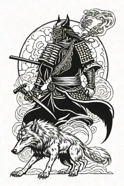 Samurai Warrior Standing With His Wolf Howling In The Night