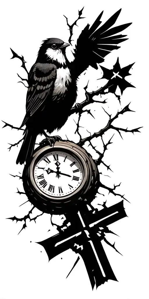 Broken Clock With A Sparrow And A Cross With A Road In The Background