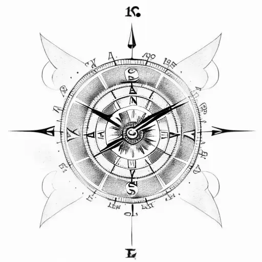 Clock With A Compass Whit Background Of An Angel Whit Wings