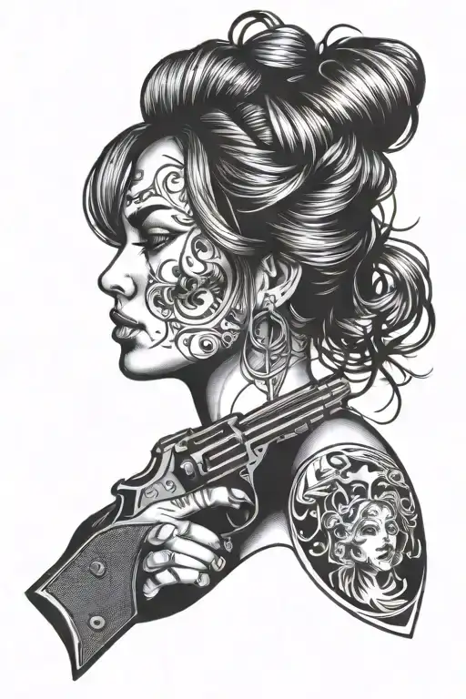 Beautiful Woman With Hair Made Of Money And Holding A Gun