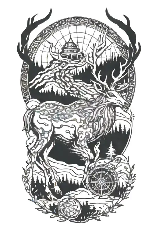 Crossover Stag With Kirin Blue Dragon Whit Dharma Wheel In Nature With Small 26 Stars