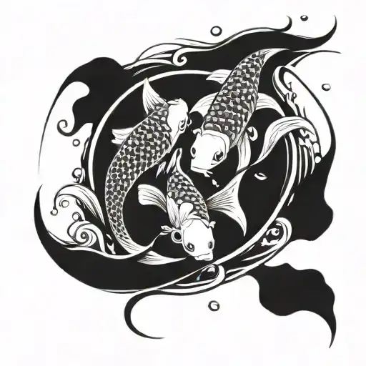 Mother And Daughter Koi Fish With Flowing Fins Swimming In The Water Circle