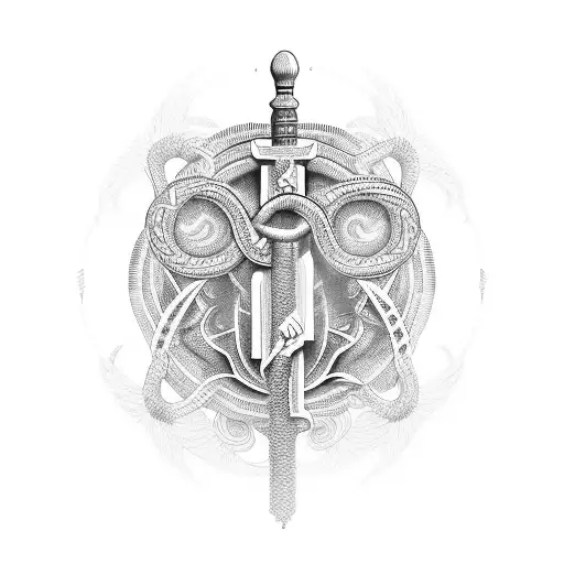 An Intricate Blackwork Tattoo Of The Staff Of Asclepius Intertwined With Egyptian Hieroglyphics