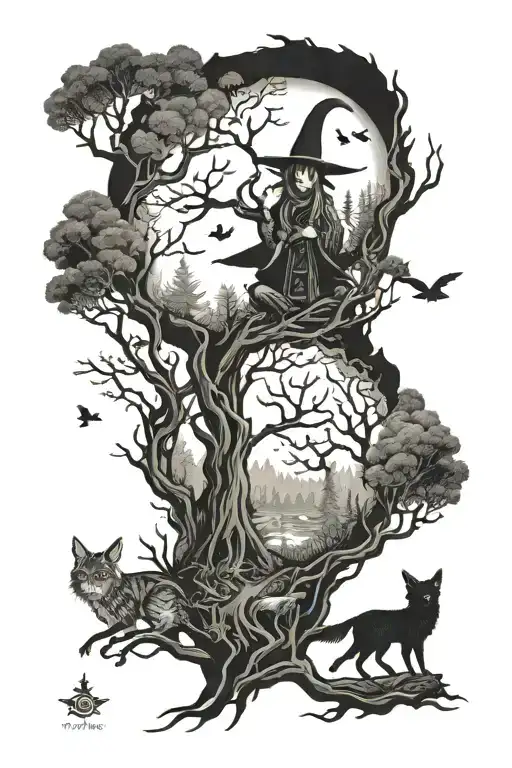 Forest With Den And Witch Casting Spells