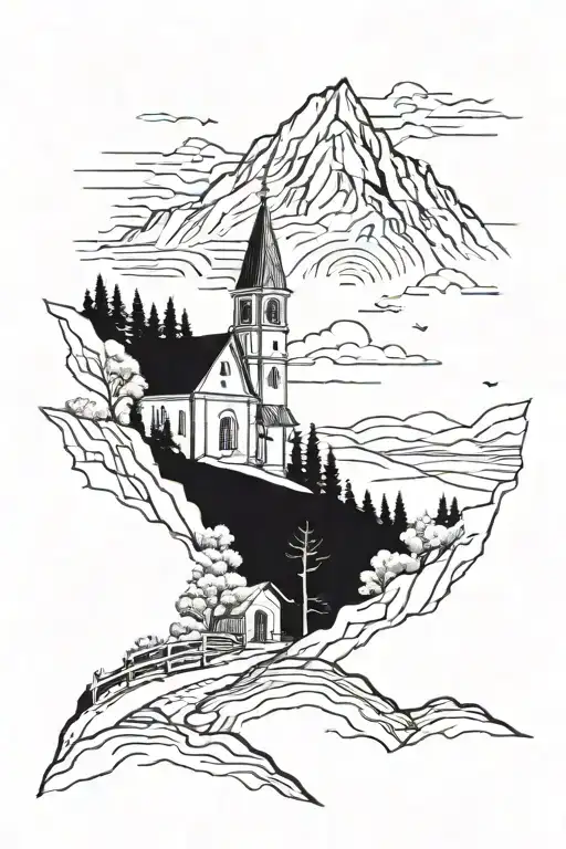 A Mountain Landscape With A Church Steeple In The Background