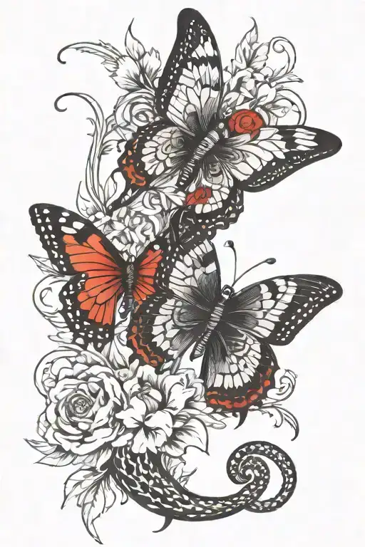 Butterfly On A Flower And A Snake With Black And Red And Some Tinge Of Different Colours