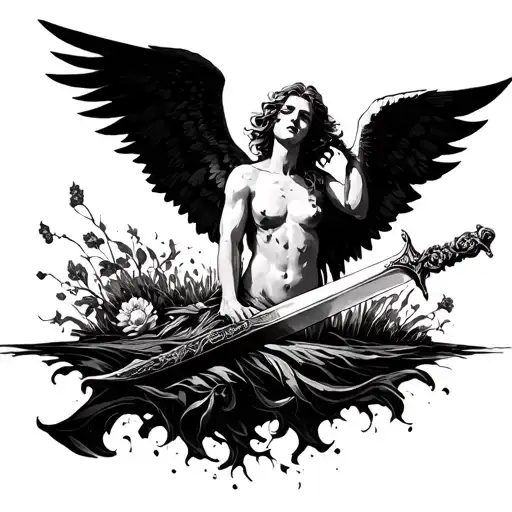 A Fallen Angel With A Dagger Stuck In Paradise In Blackwork Style With A Moving Background