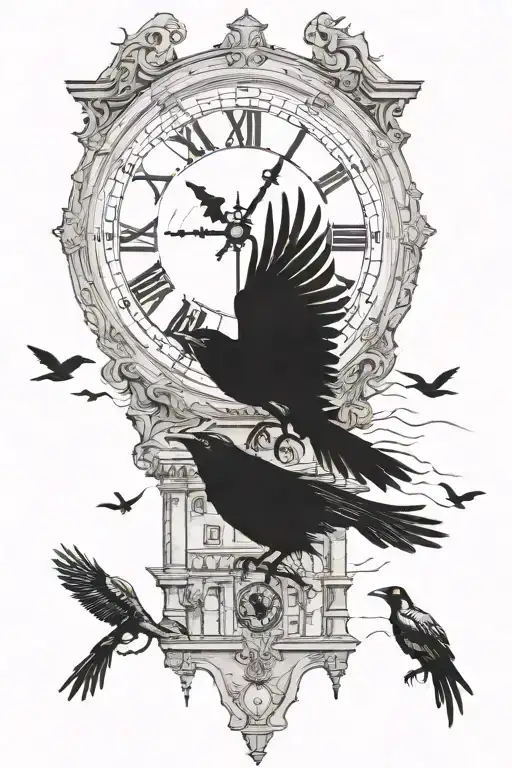 Clock Tower Crows Flying
