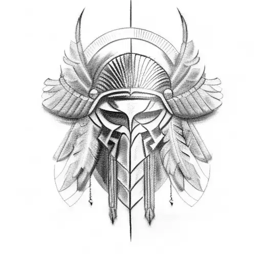 A Sketch-style Tattoo Of A Spartan Helmet Adorned With Feathers And Symbols Of Greek Mythology