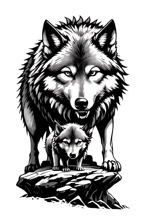 Wolf And Little Brother On A Rocks Forming The Shape