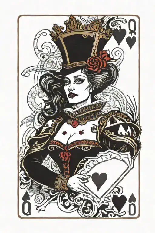 Queen Of Hearts Card With In Black And Some Red Detailing
