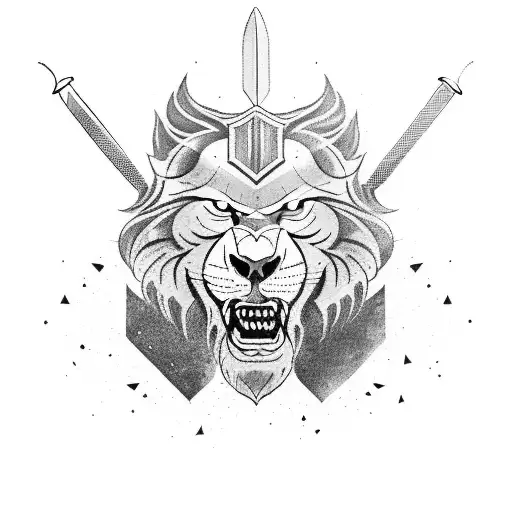 Gladiator Holding A Sword With A Roaring Lion In The Background