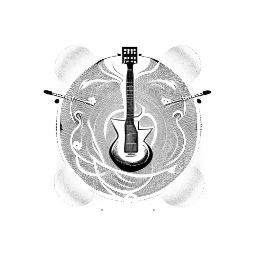 A Tattoo Of A Guitar With Musical Notes Floating Around It