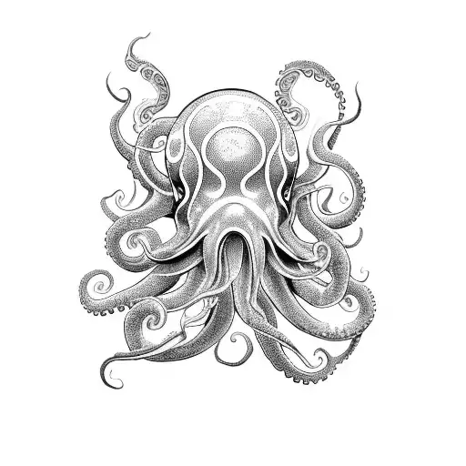 An Intricate Blackwork Tattoo Of An Octopus Surrounded By Swirling Waves
