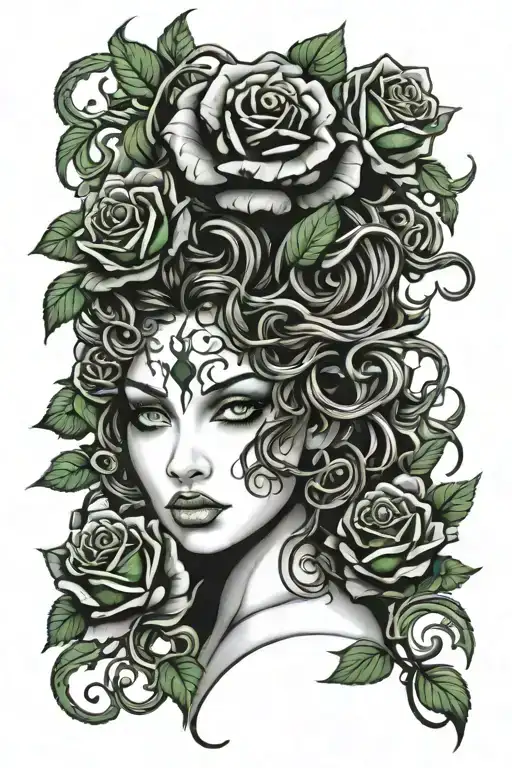 Medusa With Bright Green Eyes And Black Roses And Thorns
