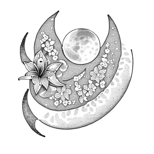 A Dotwork Tattoo Of A Crescent Moon Surrounded By Delicate Lily Petals