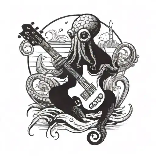 Design A Surreal Tattoo Of An Octopus Playing A Bass Guitar On A Tropical Beach