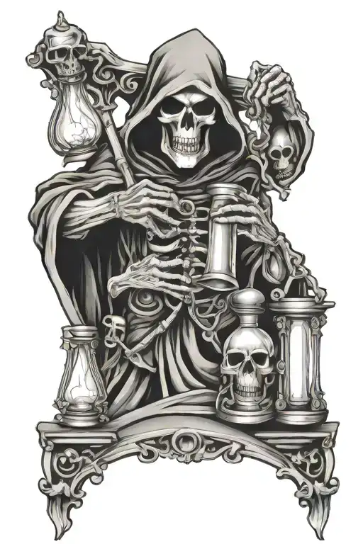 Grim Reaper Holding A Hourglass Filled Witj Skulls