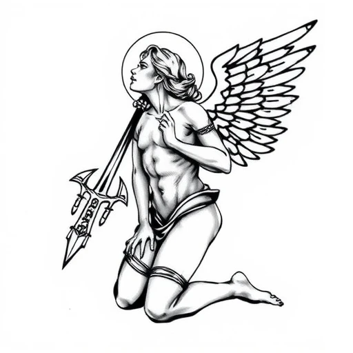 Kneeling angel with sword Tattoo idea