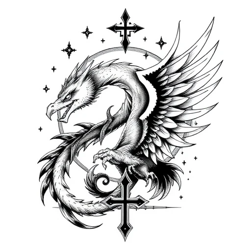 Eine dragonball kugel mit einem m drinne und dann ein adler und dann ein kreuz und das umrandet mit darkfantasy Tattoo idea