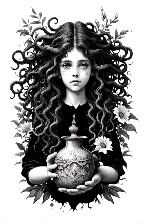 7 Year Old Medusa Holding A Vile Of Aqua Tofana And Surrounded By Poisonous Plants And Flowers