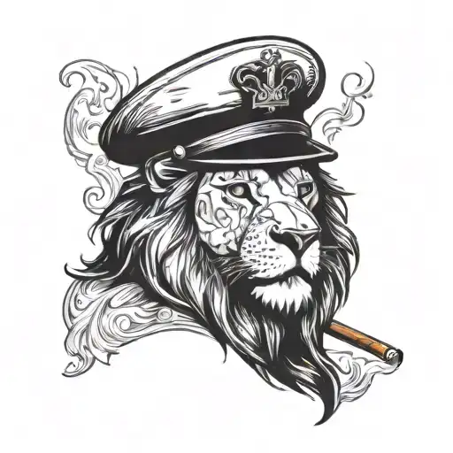 Lion With Military Hat 5 Star Grade Holding A Cigarette Smoke In Shape Of Heart