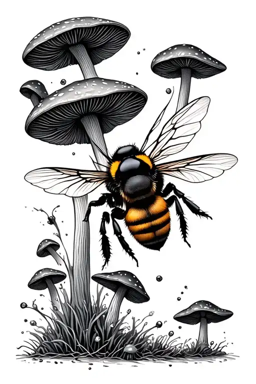 Bumblebee Flies Against The Background Of Acidic Mushrooms