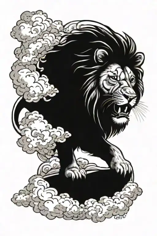 Lion Roaring In The Clouds With A Baby Lion Underneath