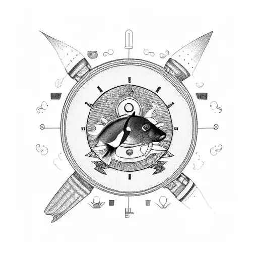 A Blackwork Tattoo Of A Car Dashboard With Goldfish Swimming In The Speedometer