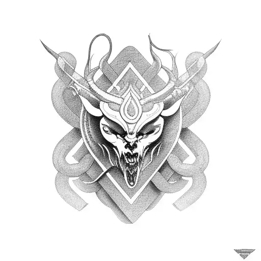 A Blackwork Tattoo Of A Greek Mythological Creature Intertwined With Abstract Art